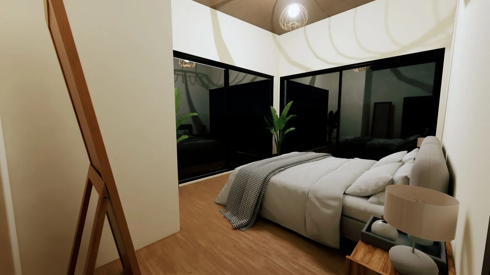 Projeto Atibaia | Copia de ARQRender SuiteMasterNoite Um quarto moderno com uma cama grande, mesa de cabeceira com luminária, janelas do chão ao teto, uma planta em vaso e um cavalete sobre piso de madeira.
