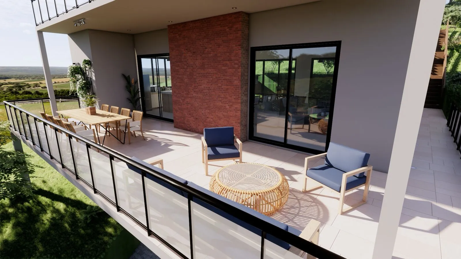 Projeto Atibaia | Copia de ARQRender Varanda1 Varanda no segundo andar com conjunto de jantar ao ar livre, duas cadeiras acolchoadas em azul, uma mesa redonda de vime, corrimão de vidro e portas de correr que levam para dentro; vegetação visível ao fundo.