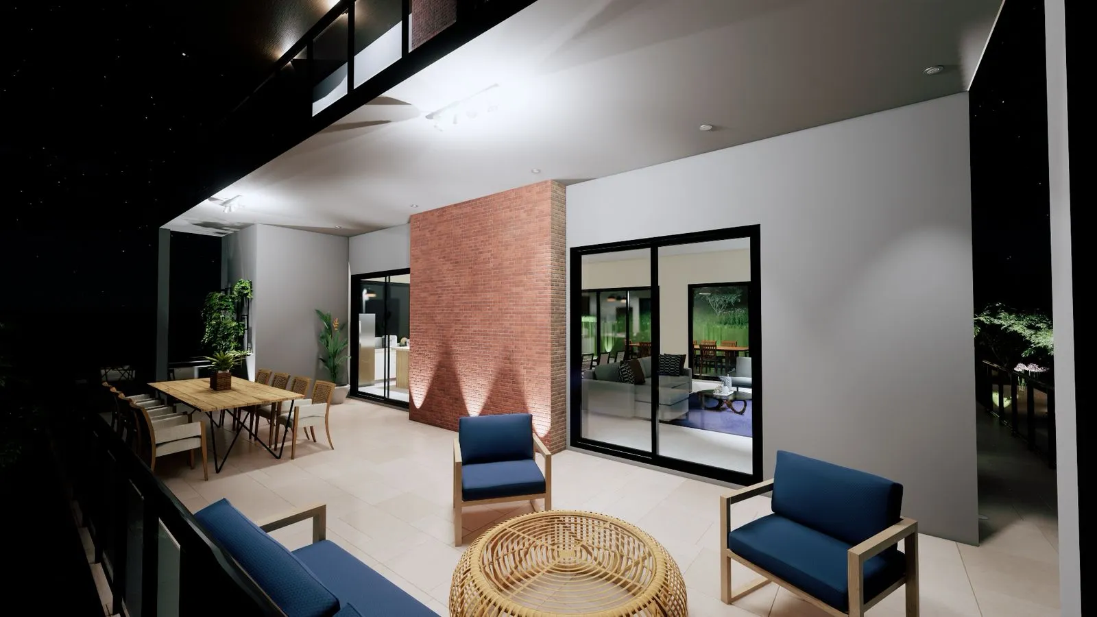 Projeto Atibaia | Copia de ARQRender VarandaNoite2 Pátio externo moderno à noite com mesa de jantar, cadeiras de vime, assentos acolchoados azuis, plantas em vasos e grandes portas de vidro que levam a uma área de estar bem iluminada.