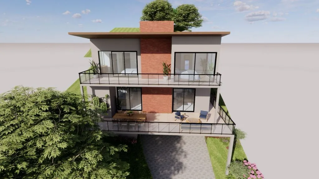 Casa moderna de dois andares, parte do Projeto Atibaia, com janelas amplas, duas varandas, paredes externas de tijolos e branco, e uma árvore no telhado. A casa é cercada por vegetação e possui um caminho pavimentado na frente.