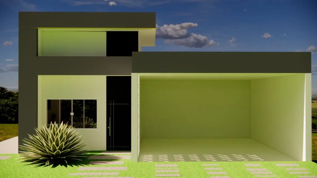 Uma casa moderna de dois andares com telhado plano, grande garagem retangular e uma pequena planta de agave no jardim da frente personifica um Sonho Palpável sob um céu azul com nuvens dispersas.