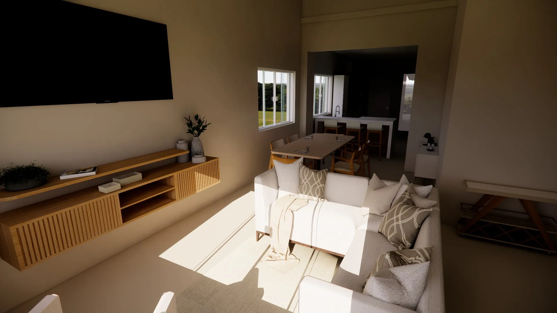 Uma sala de estar moderna com uma TV montada na parede, sofá secional bege, prateleiras de madeira e luz do sol entrando por duas janelas, adjacente a uma cozinha aberta e área de jantar.