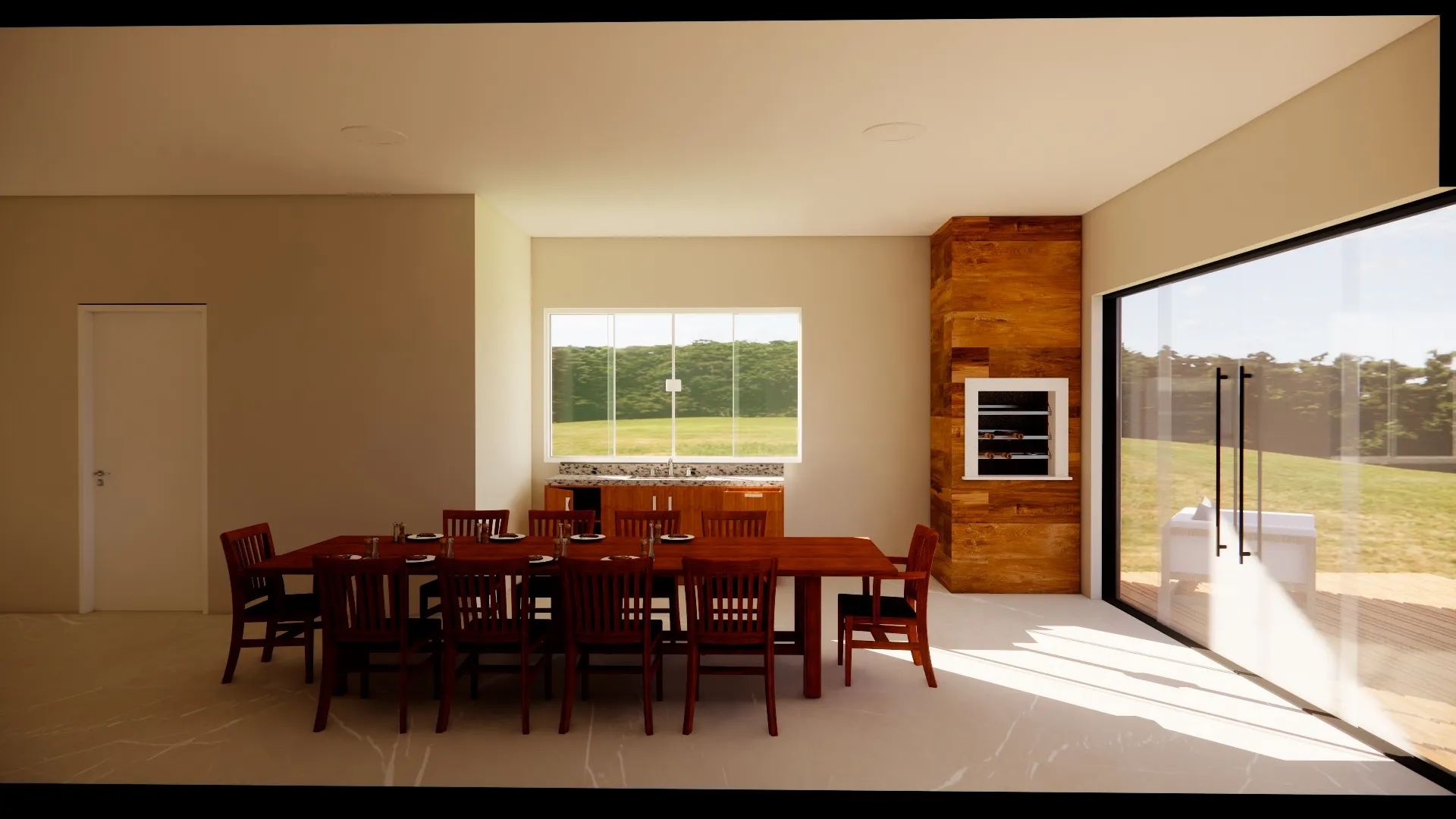 Uma sala de jantar com mesa e cadeiras de madeira, uma grande janela, churrasqueira embutida e portas de vidro do chão ao teto com vista para uma área externa gramada.