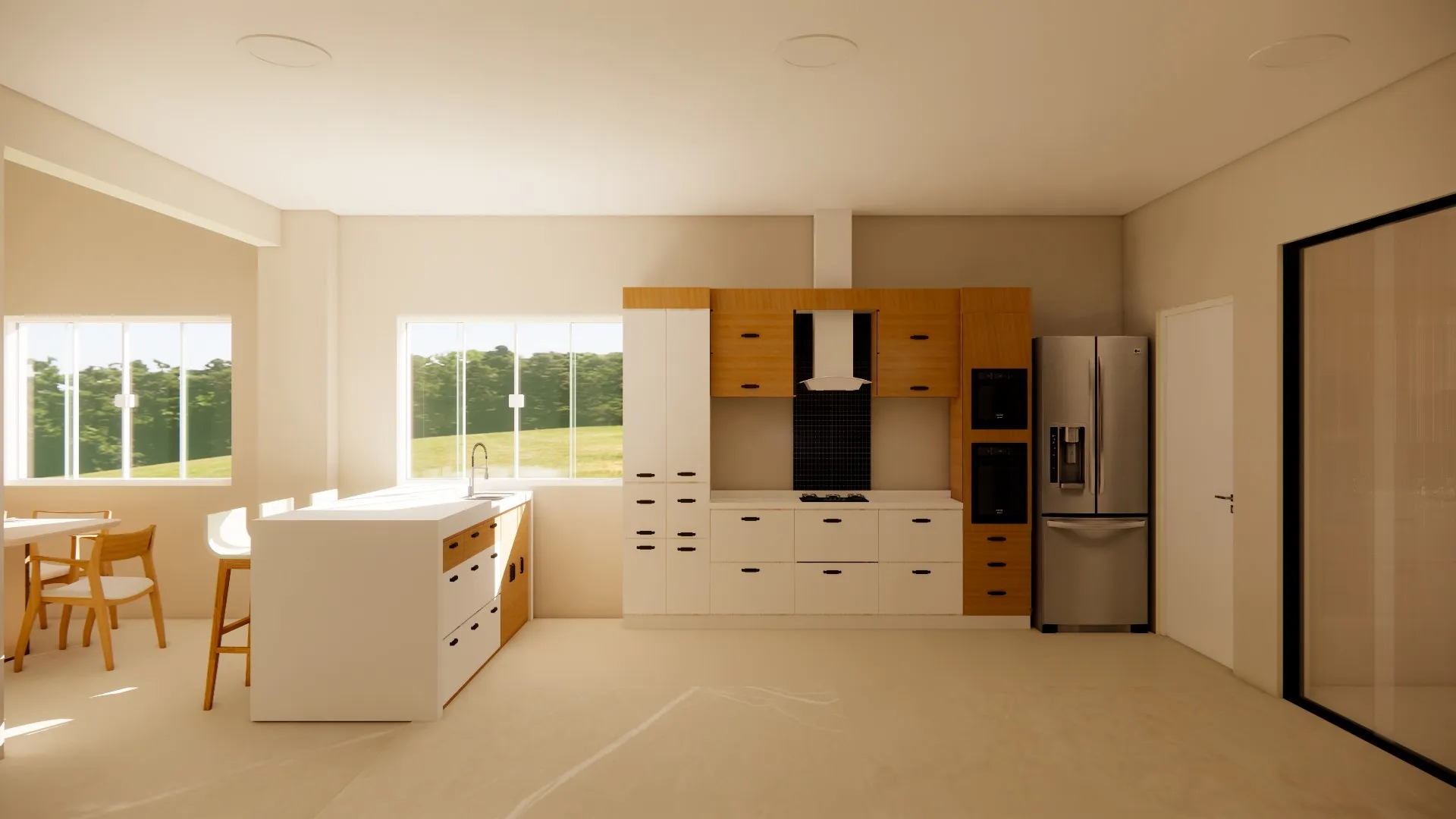 Interior de cozinha moderna com armários brancos, detalhes em madeira, ilha com pia, eletrodomésticos de aço inoxidável, janelas amplas e luz natural. Mesa de jantar visível à esquerda.