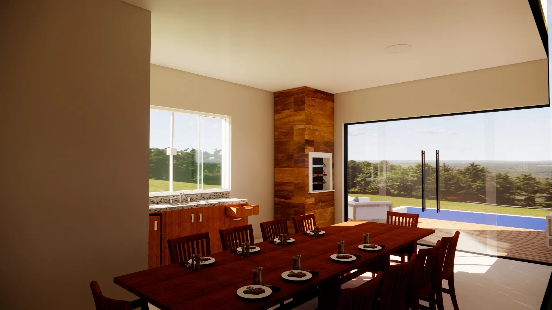 Uma sala de jantar moderna com uma mesa de madeira para seis pessoas, grandes janelas com áreas verdes ao ar livre e uma área para churrasco com painéis de madeira.