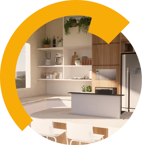 Cozinha moderna com armários de madeira, prateleiras abertas contendo eletrodomésticos e plantas, uma geladeira e uma ilha central, parcialmente emoldurada por um elemento gráfico circular amarelo, perfeita para exibir projetos ou BIM em engenharia contemporânea.