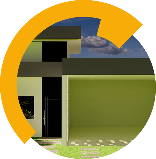 Casa moderna de dois andares com telhado plano, janelas grandes e uma garagem vazia — exibindo arquitetura contemporânea — parcialmente coberta por uma forma gráfica circular amarela.