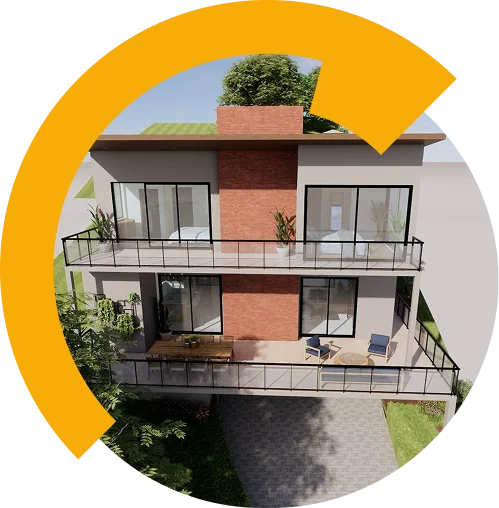 Casa moderna de dois andares com grandes janelas, varandas e áreas de estar ao ar livre, parcialmente sobreposta por um elemento gráfico circular amarelo — uma vitrine inspiradora de projetos de arquitetura e engenharia.