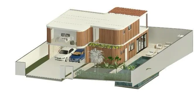 Renderização 3D de uma casa moderna de dois andares com garagem, piscina externa, terraço, jardim e espaços de convivência abertos.