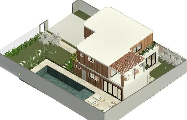 Refúgio Aurora | WhatsApp Image 2025 05 08 at 20.21.29 1 1 Renderização 3D de uma casa moderna de dois andares com piscina, pátio e jardim, cercada por muros.