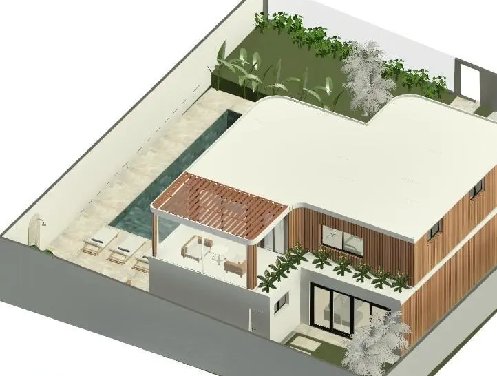 Renderização 3D de uma casa moderna de dois andares com piscina, área de estar no pátio, jardim e muros de privacidade ao redor.