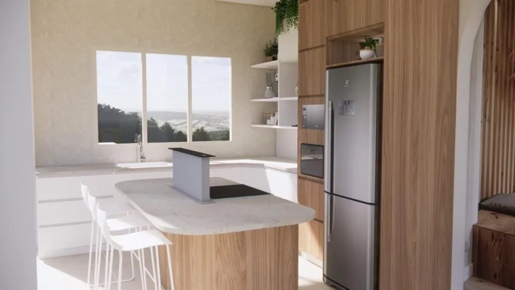 Cozinha moderna com armários de madeira clara, bancadas brancas, uma ilha com bancos, eletrodomésticos embutidos e uma grande janela com vista para a área verde, criando um ambiente tranquilo no Refúgio Aurora.