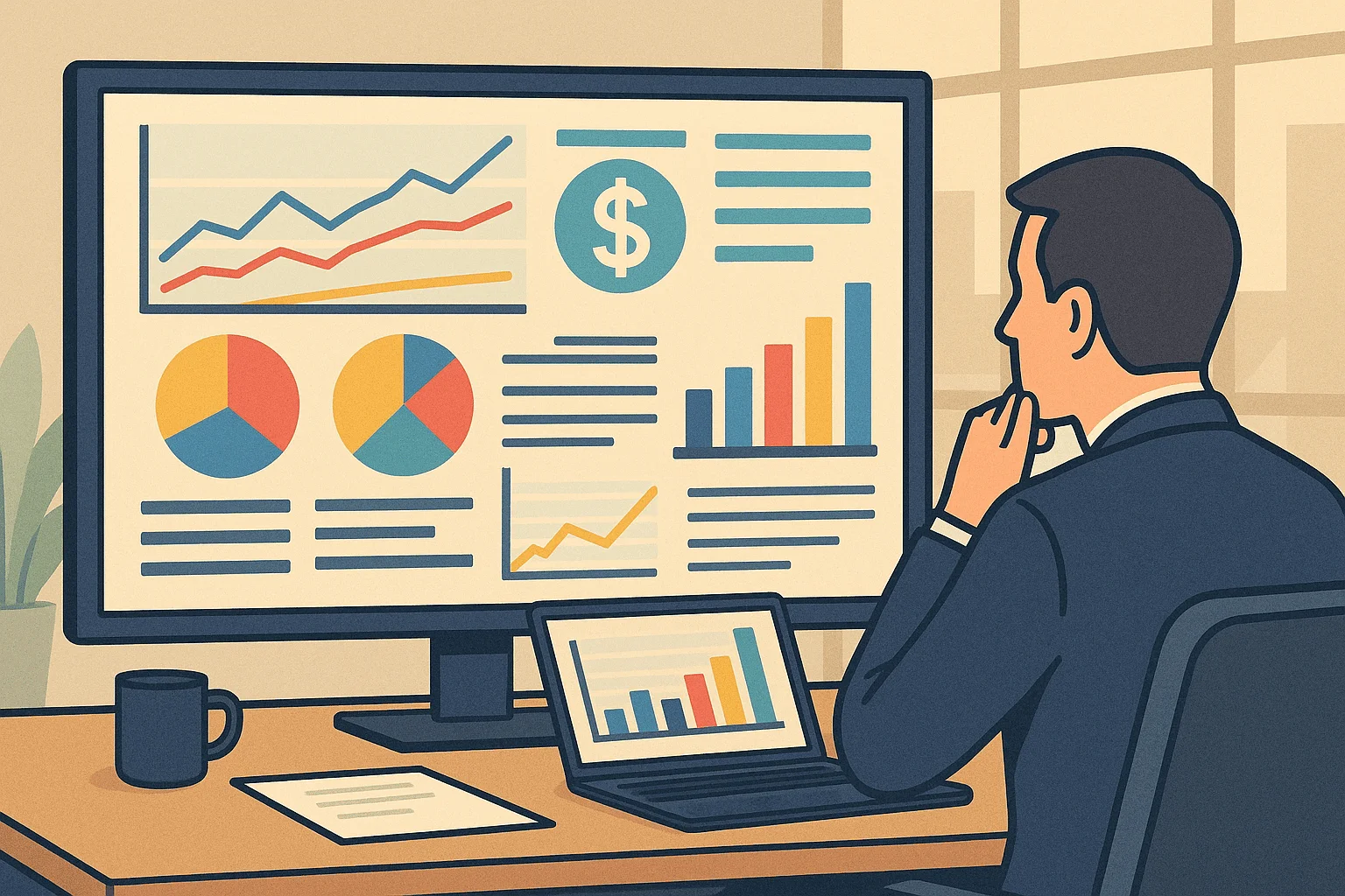 Ilustração horizontal representando um dashboard financeiro em tela grande, com gráficos e indicadores coloridos, e um gestor analisando os dados em um escritório moderno, transmitindo organização e tomada de decisão estratégica.