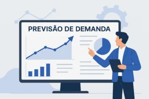 Uma pessoa em traje de negócios aponta para uma tela grande que exibe gráficos de previsão de demanda sob o título "PREVISÃO DE DEMANDA", ilustrando como antecipar necessidades com insights do que é previsão de demanda.