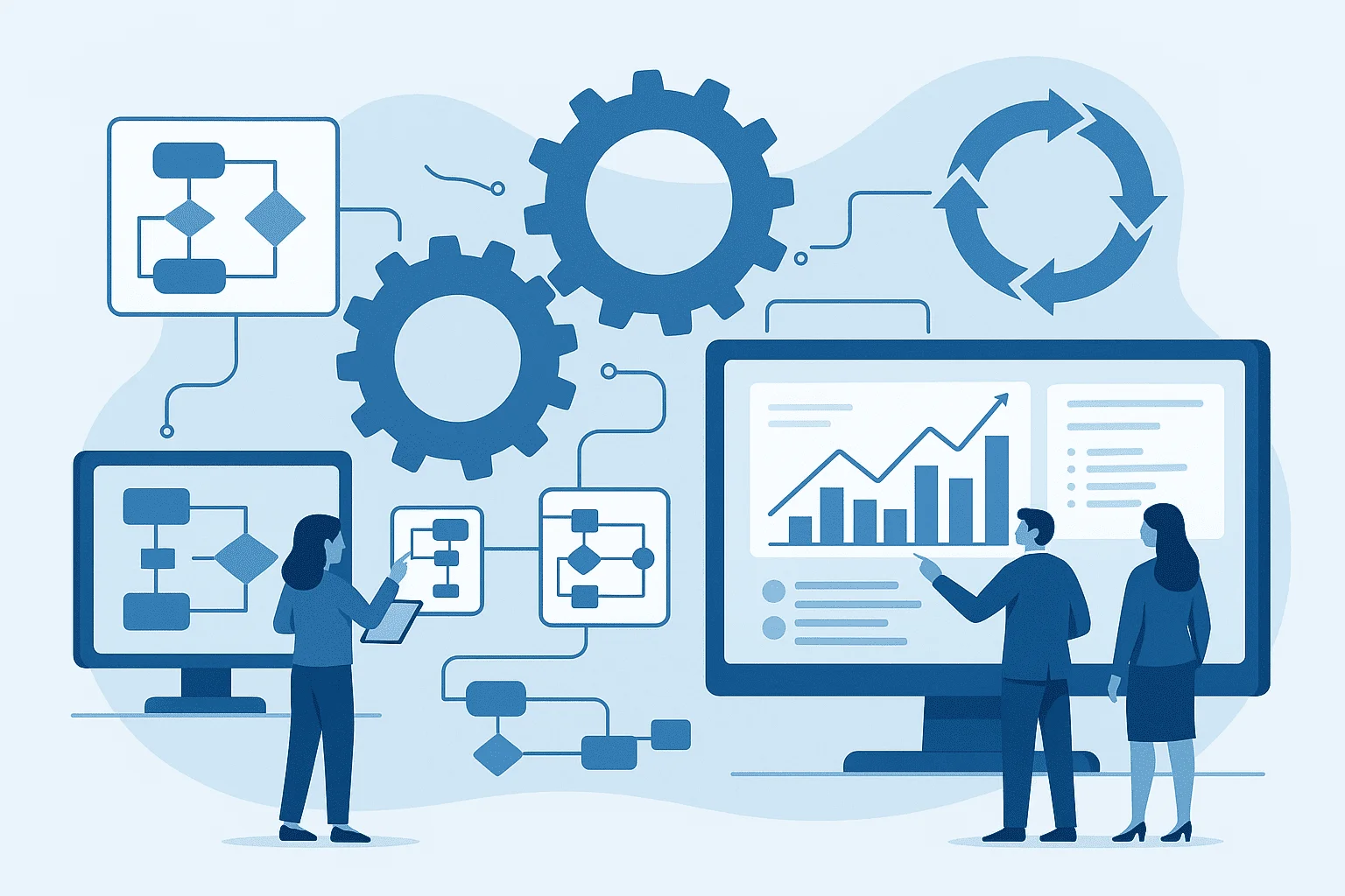 Ilustração de pessoas analisando fluxogramas e gráficos em telas grandes, cercadas por engrenagens e símbolos de diagramas, representando a otimização de processos e a análise de fluxo de trabalho em ambientes de negócios.