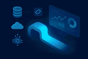 Ilustração em tons de azul mostrando um pipeline de dados fluindo de um banco de dados, nuvem e chip para uma tela com gráficos e diagramas, simbolizando o processamento e a análise de dados.