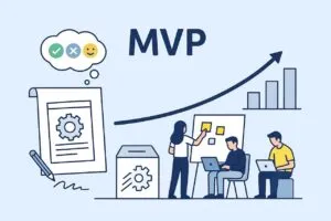 Ilustração conceitual de MVP com protótipo de produto, ícones de feedback, equipe desenvolvendo ideias em quadro branco e gráfico de crescimento ao fundo.