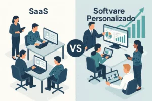 Ilustração dividida em dois lados: à esquerda, equipe em um escritório utilizando computadores com sistemas simples rotulados como “SaaS”; à direita, profissionais interagindo com painéis personalizados, gráficos e tablets em um ambiente rotulado como “Software Personalizado”,